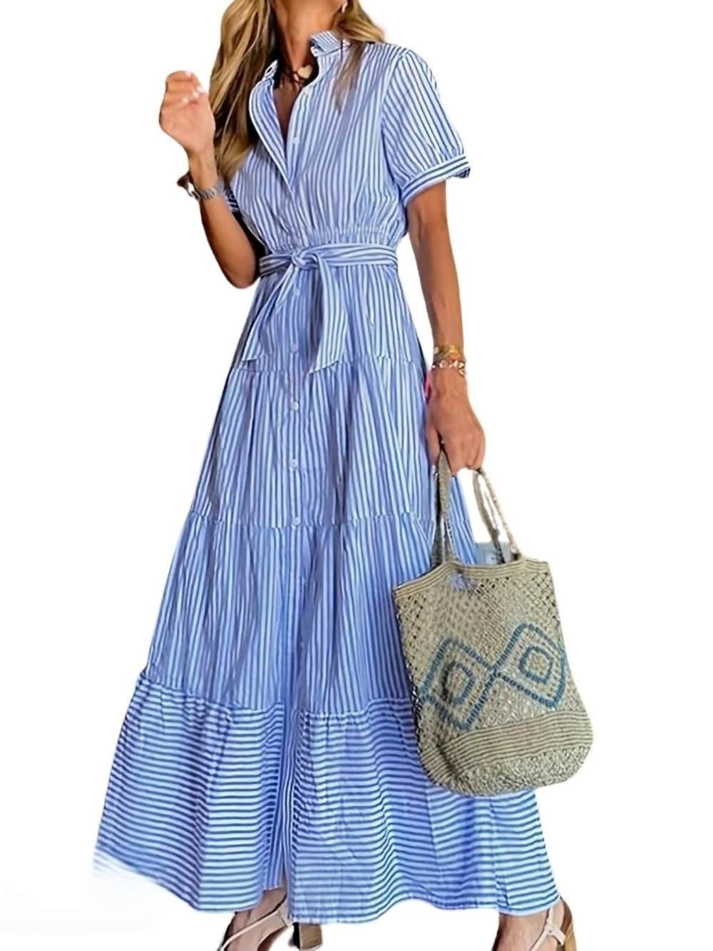 NWT Blue Striped Maxi Shirt Dress with Waist Tie - Picture 1 of 4